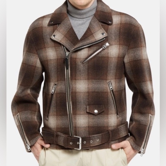 Mackage Men’s Clement Brown Plaid Wool Biker Motorcycle Jacket EUC Size 38/M - Picture 1 of 12
